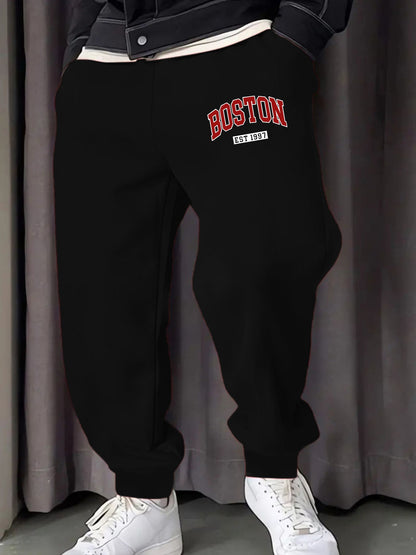 Boston Letter Est 1997 Printing Male Sweatpants Fashion Fleece Pant Trendy Jogging Britches Casual Comfy All-Match Long Pants
