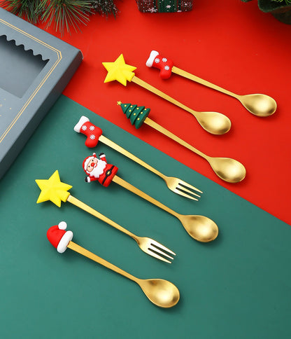 Christmas Cutlery Set Elk Dessert Scoop Fruit Fork Coffee Spoon Stainless Steel Dessert Fork 4/6PCS Christmas Spoons Fork Set