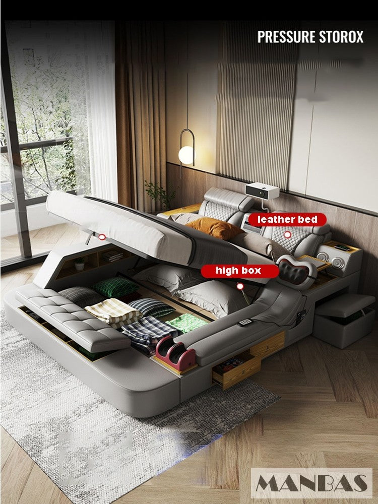 MANBAS Tech Smart Bed - the Ultimate Multifunctional Bedframe with Genuine Leather, Massage, Speaker, Projector, Air Purifier