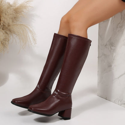 Winter Women Knee High Boots Cosy Soft Leather Thick Heel Shoes Female Vintage Slim Long Booties Zapatos De Muje