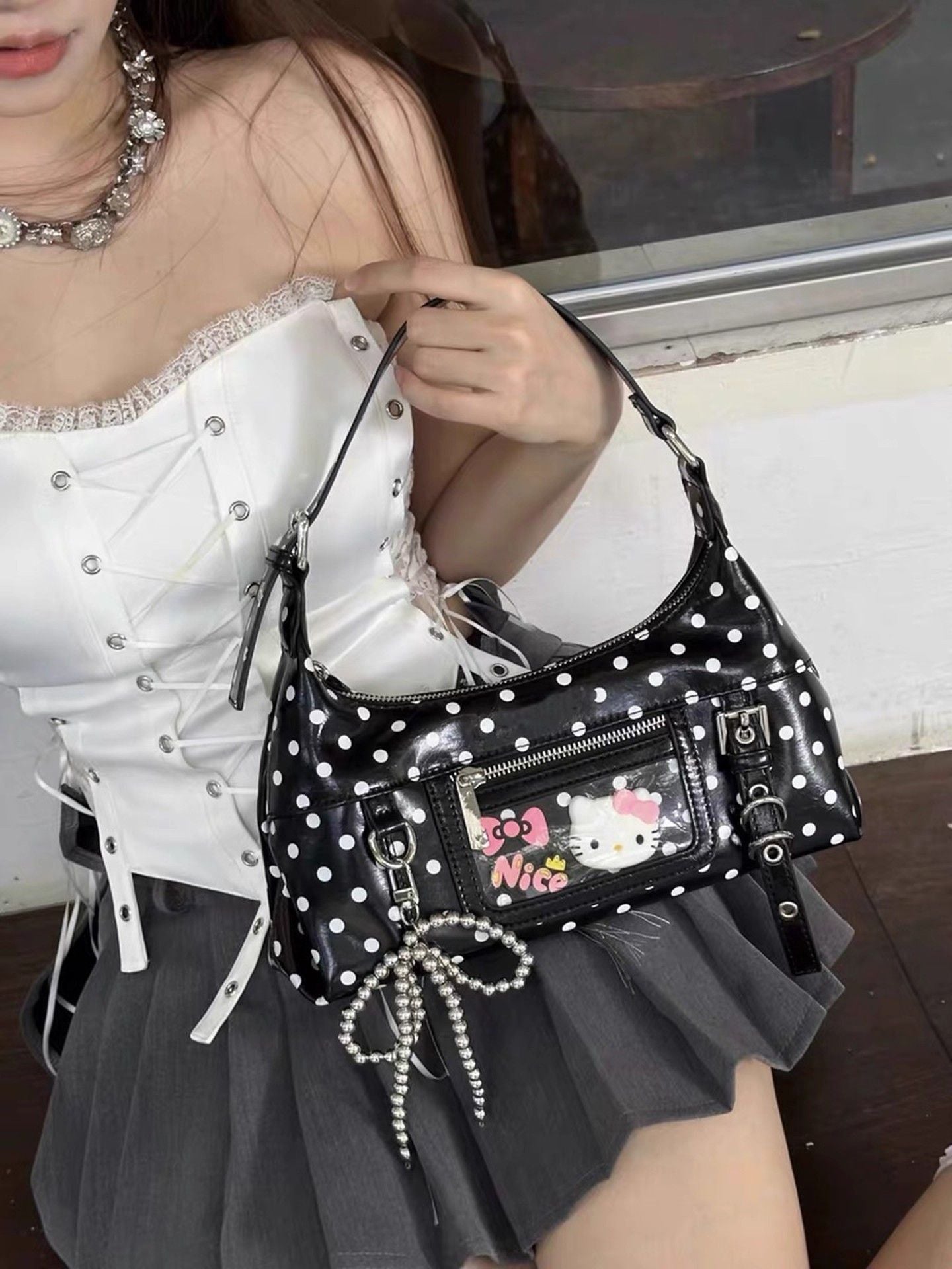 Retro oil wax leather crossbody bag, contrasting polka dot mini armpit bag, girls' shoulder bag
