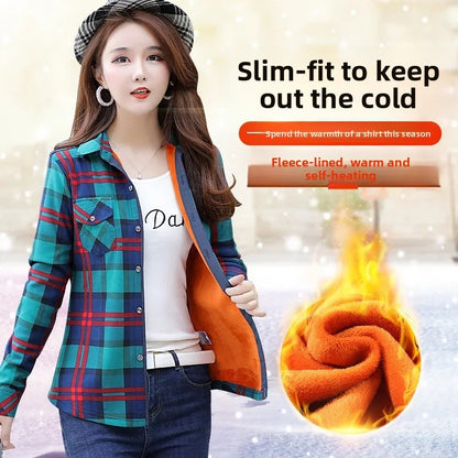 Women's Fleece Lined Long Sleeve Shirt Mid Length Thick Winter Warm Korean Style Elastic plus Size Plaid Patterned Button up