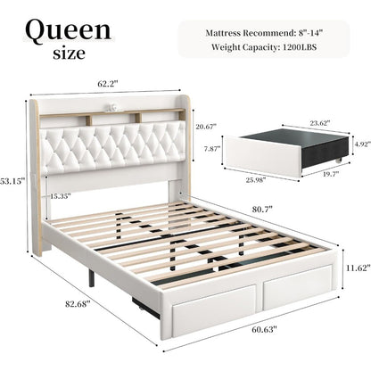 Cama Queen LED com 2 Gavetas de Armazenamento, Plataformas Estofadas em PU com Projetor Estrelas Galáxia Estação de Carregamento e Alto-falante, Au