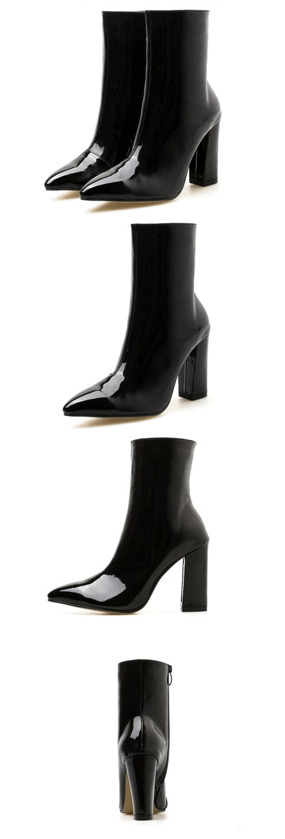 Aneikeh 2025 Spring Fashion Silver Patent Leather Women Ankle Boots Pointed Toe Square High Heels Shoes Chelsea Botas De Mujer