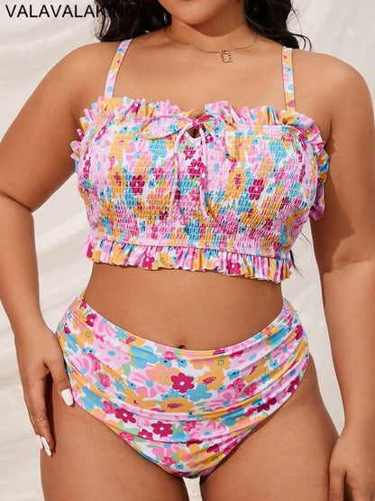 2025 Print 2 Piece Plus Size Bikini Women Verge Strapped Large Swimsuit High Waist Lady Swimwear Beach Chubby Curvy Bathing Suit