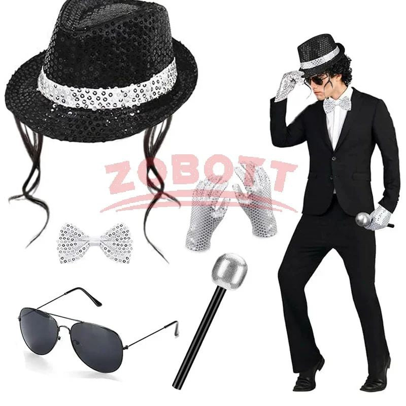 Disco Stage Performance Sequin Hat Tie Glove Set Michael Jackson Cosplay Style Sparkly Costume For Dance Party Halloween Gift