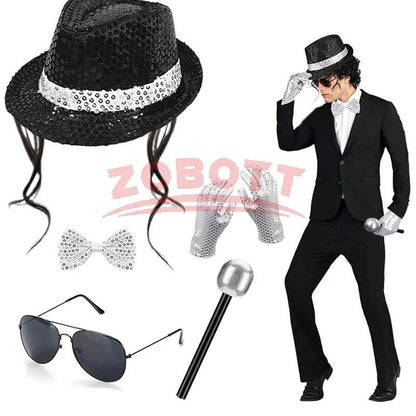 Disco Stage Performance Sequin Hat Tie Glove Set Michael Jackson Cosplay Style Sparkly Costume For Dance Party Halloween Gift