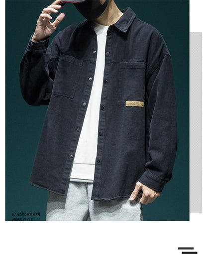 Autumn Men's Long Sleeve Cargo Shirt Casual Korean Fashion Oversize Blouses Hombre 2025 New High Street Y2K T Shirt Baggy Jacket