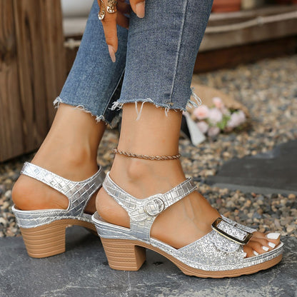 Women's Shiny Sequin High Heels Sandals Summer Ankle Buckle Beach Sandals Casual Woman Plus Size 43 Women's Shoes