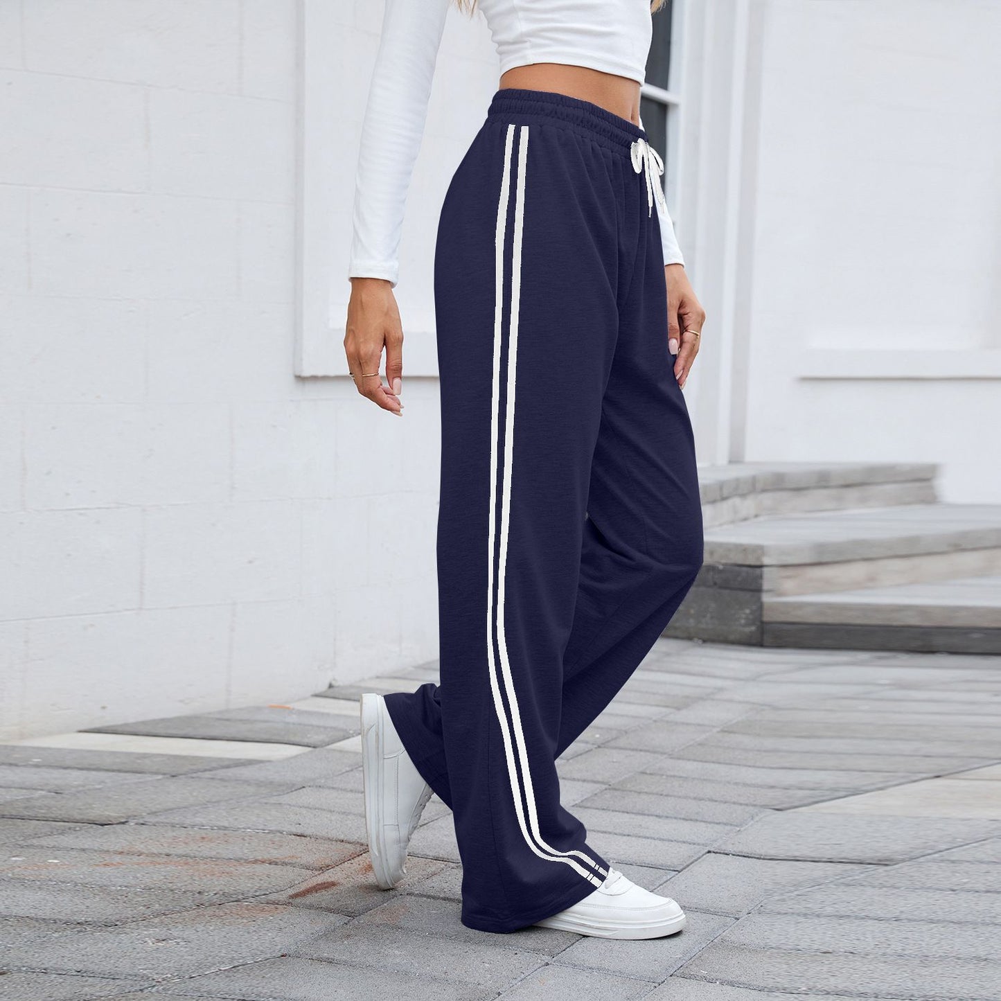 2025 Women Stripe Chic Straight Pant Autumn Spring Retro Sports Sweatpants Solid color casual fashion elegant waist womens pants