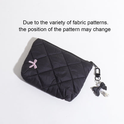 Simple bow quilted clutch, portable everyday small item pouch for lipstick, earphones, and change, soft travel makeup bag