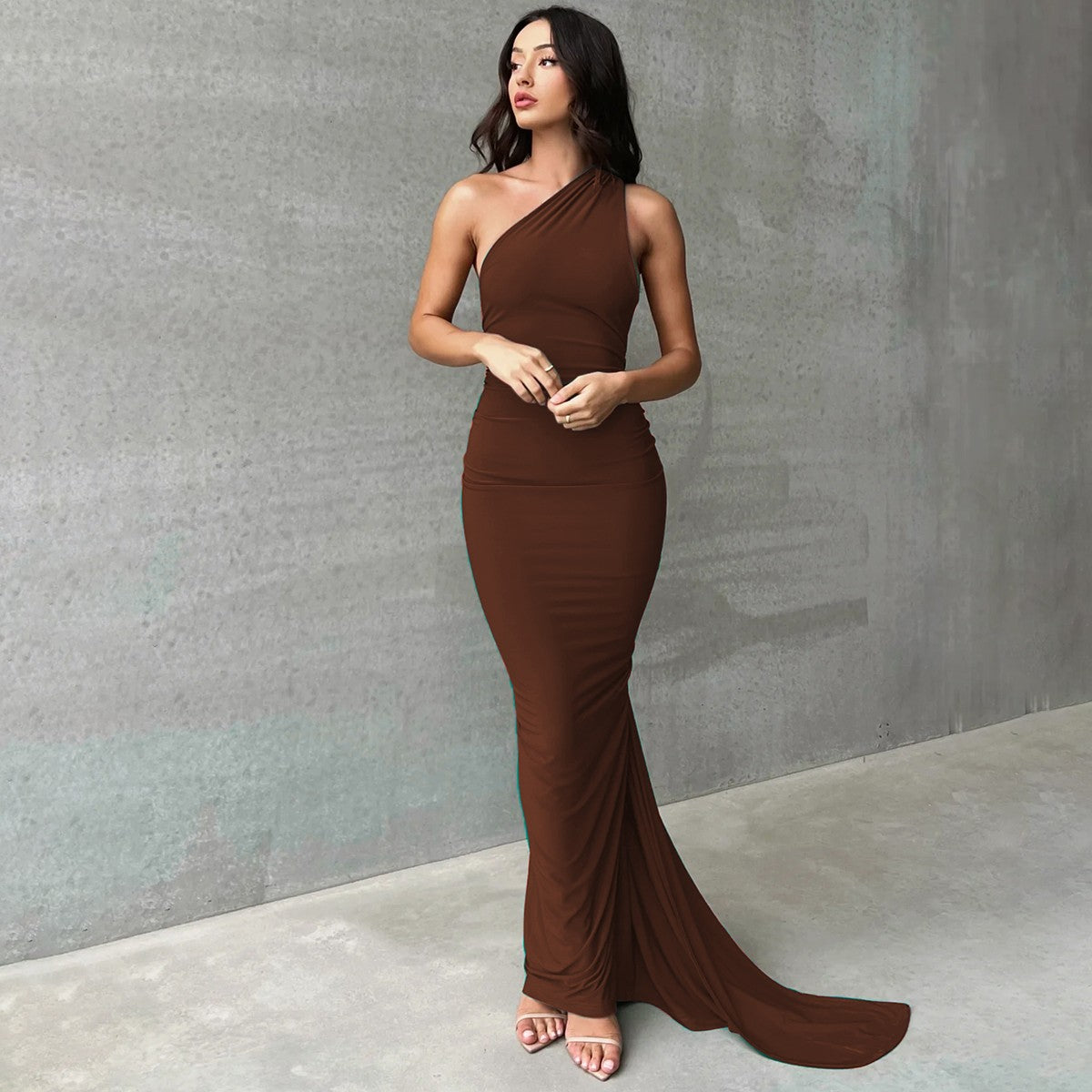 Hugcitar One Shoulder Backless Adjustable Scarf Loop Ruched Sexy Maxi Dress Wome