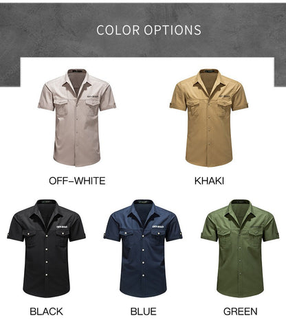 2025 New Summer Army Green Fashion Versatile Men's Casual Shirt, Khaki Slim Short-sleeved Breathable Cotton Cargo Shirts for Men
