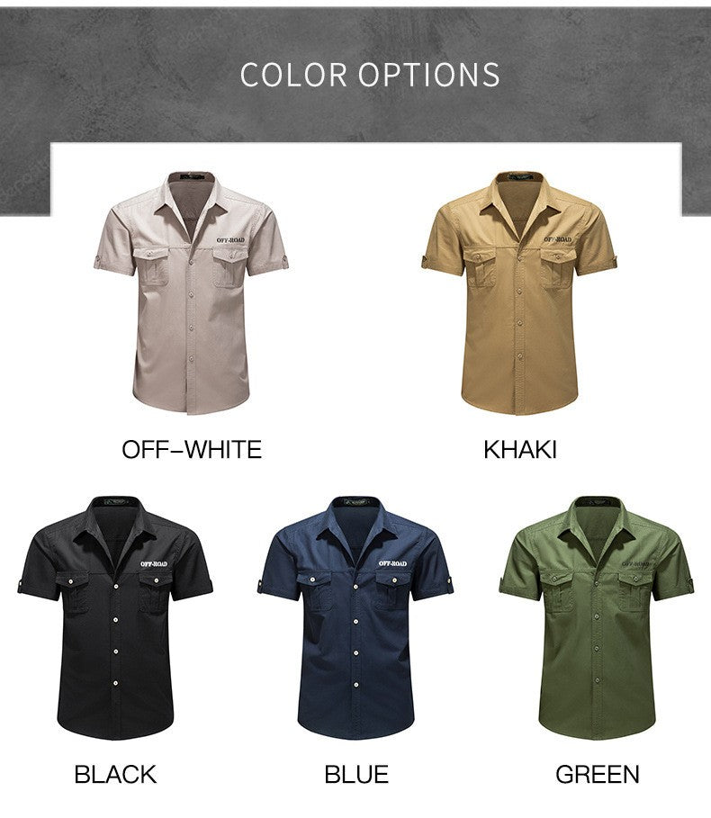 2025 New Summer Army Green Fashion Versatile Men's Casual Shirt, Khaki Slim Short-sleeved Breathable Cotton Cargo Shirts for Men