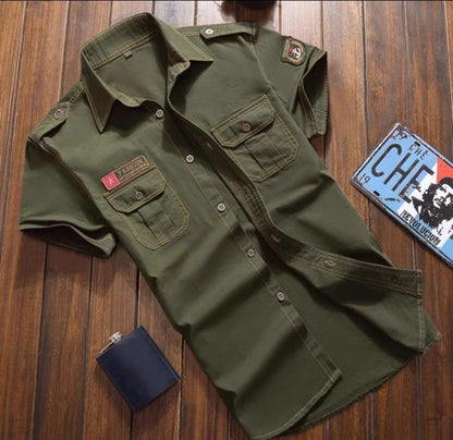 Summer Cotton Tactical Cargo Shirt Mens Multi Pocket Badge Embroidered Combats Tops Casual Breathable Tooling Chemise Homme