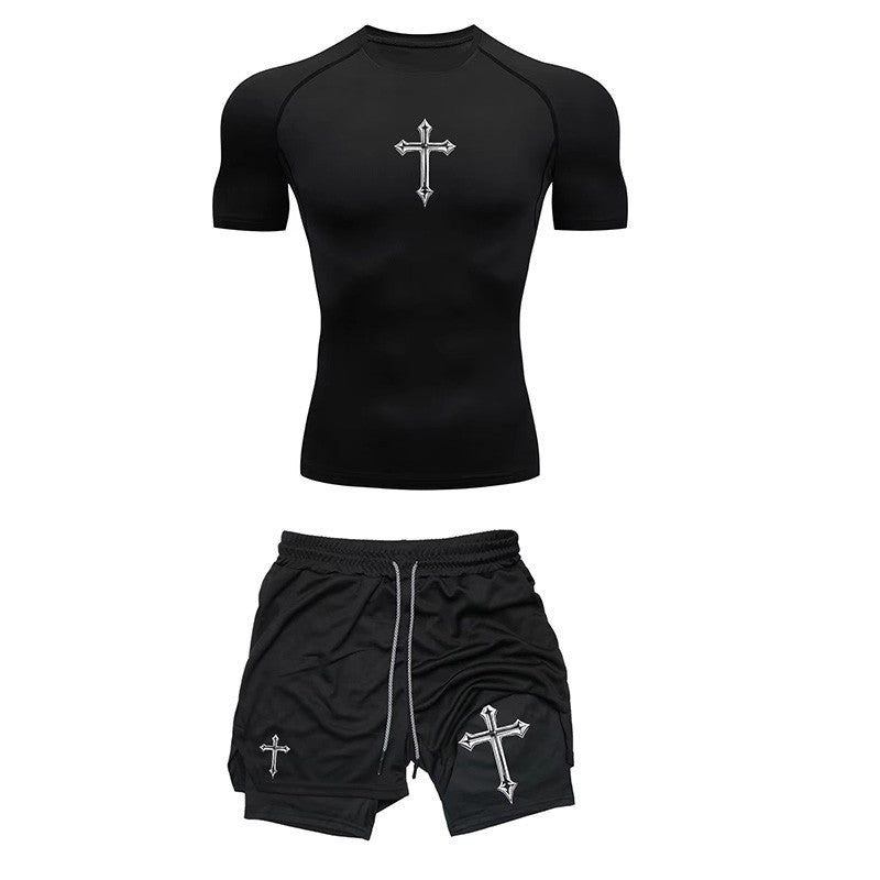 Jogging Breathable Compression Sportswear Summer Men's Training Two-piece Tight T-shirt Fitness Shorts Gym Workout Set RL0008