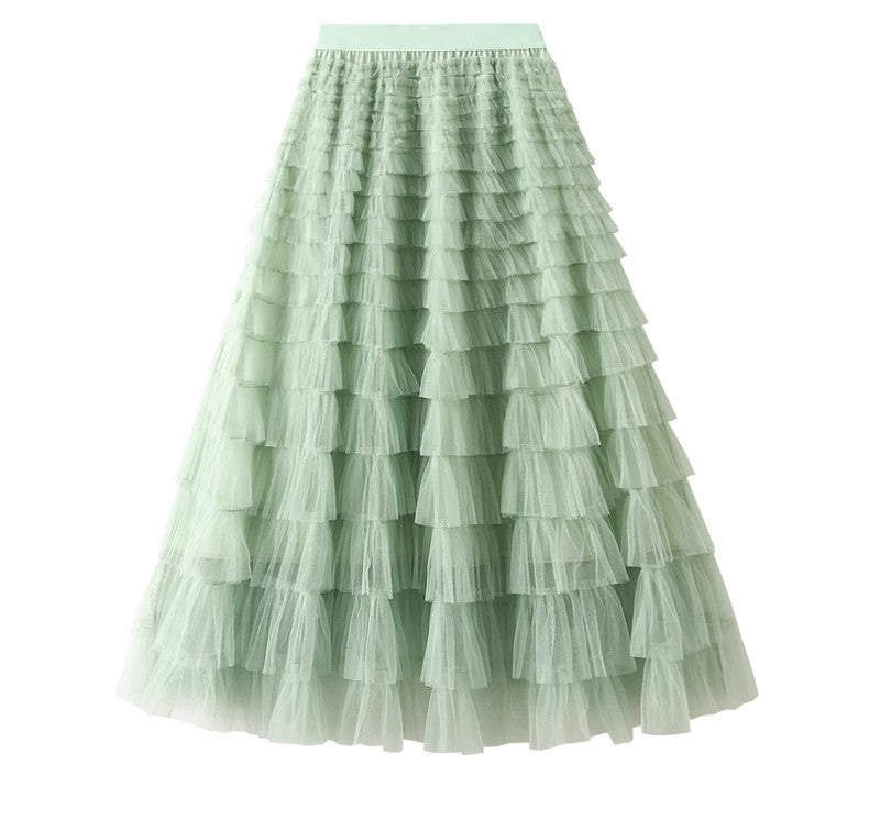 HOT Solid Multilayer Ruffle Mesh Skirt Women Boho High Waist Long Maxi Tulle Skirt Spring Summer Party Women's Clothing