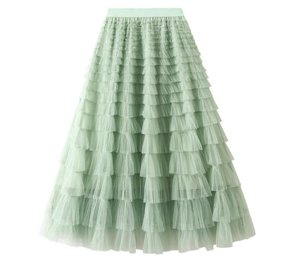 HOT Solid Multilayer Ruffle Mesh Skirt Women Boho High Waist Long Maxi Tulle Skirt Spring Summer Party Women's Clothing