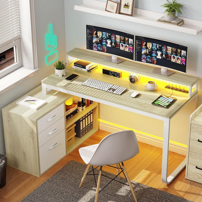 Mesa de computador para jogos em L com gavetas para arquivos para escritório em casa