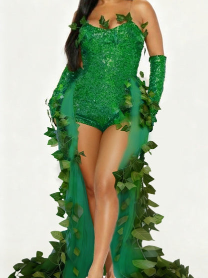 Sexy Halloween Costume Dress Adult Leaf Sequin Dance Dress Mini Skirt V-Neck Sleeveless Polyester Fiber Empire Waistline