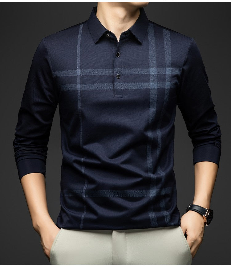 BROWON Graphic Polo Shirt Men 2025 Autumn New Business Slim Long Sleeve T Shirt Man Casual Loose Printed Striped Clothes for Men