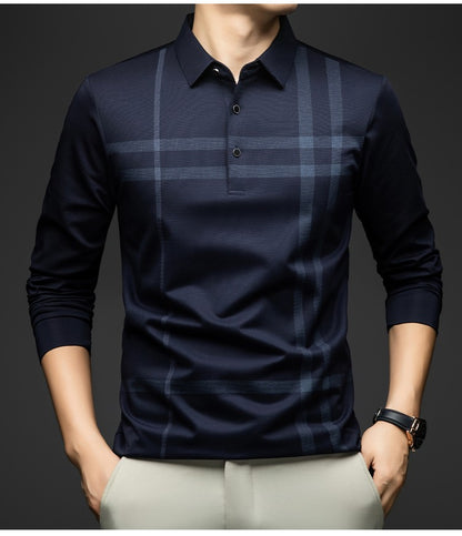 BROWON Graphic Polo Shirt Men 2025 Autumn New Business Slim Long Sleeve T Shirt Man Casual Loose Printed Striped Clothes for Men