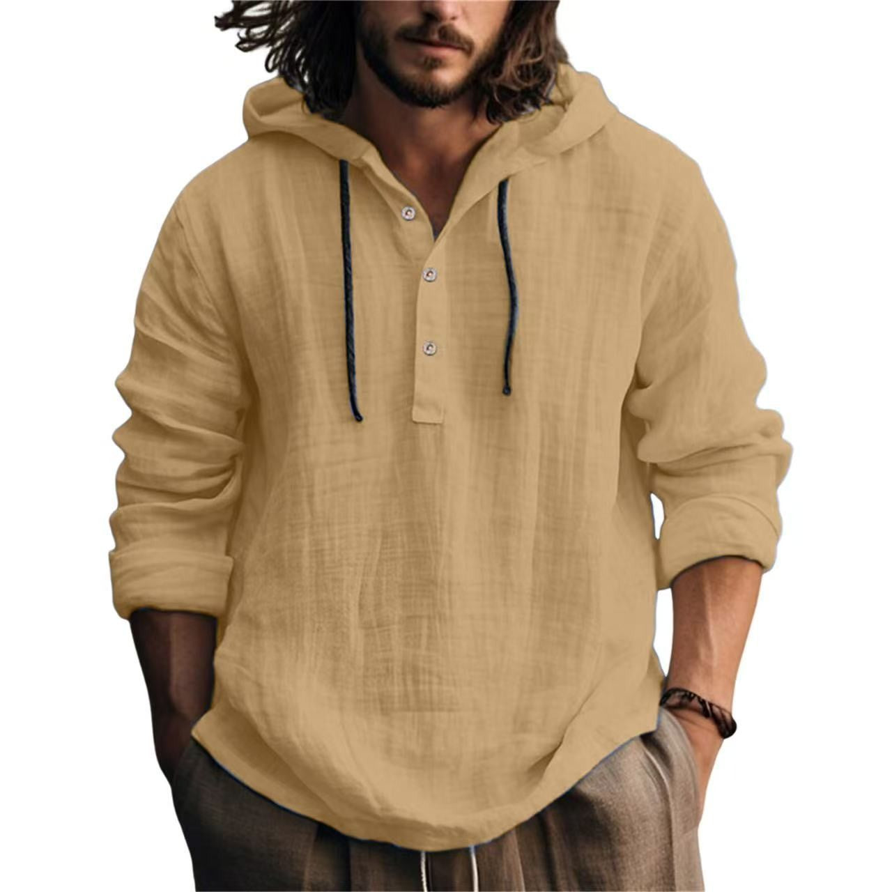 Casual Hood T Shirt Cotton Linen Flax Blouse Tee Tops Long Sleeves Men Holiday Beach Spring Solid Plain Tunic Loose Hoodie Shirt