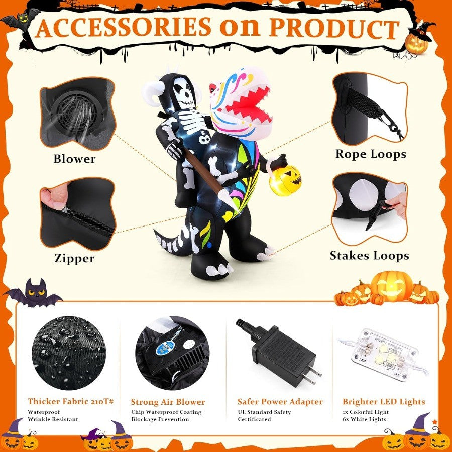 8FT Halloween Inflatable Blow Up Decorations Skeleton Knight Riding Dinosaur with Builtin LEDs for Holiday Party Garden Lawn Ya