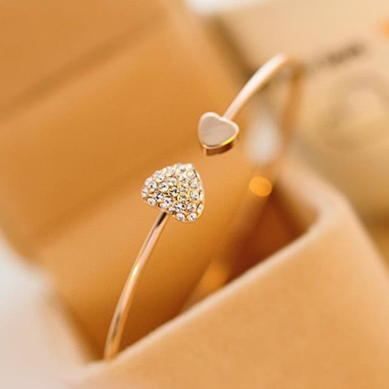 Pulseira Bracelete Aberto Ajustável com Laço de Coração Duplo de Cristal para Mulheres Joias Presente de Ano Novo 2026 Mujer Pulseras