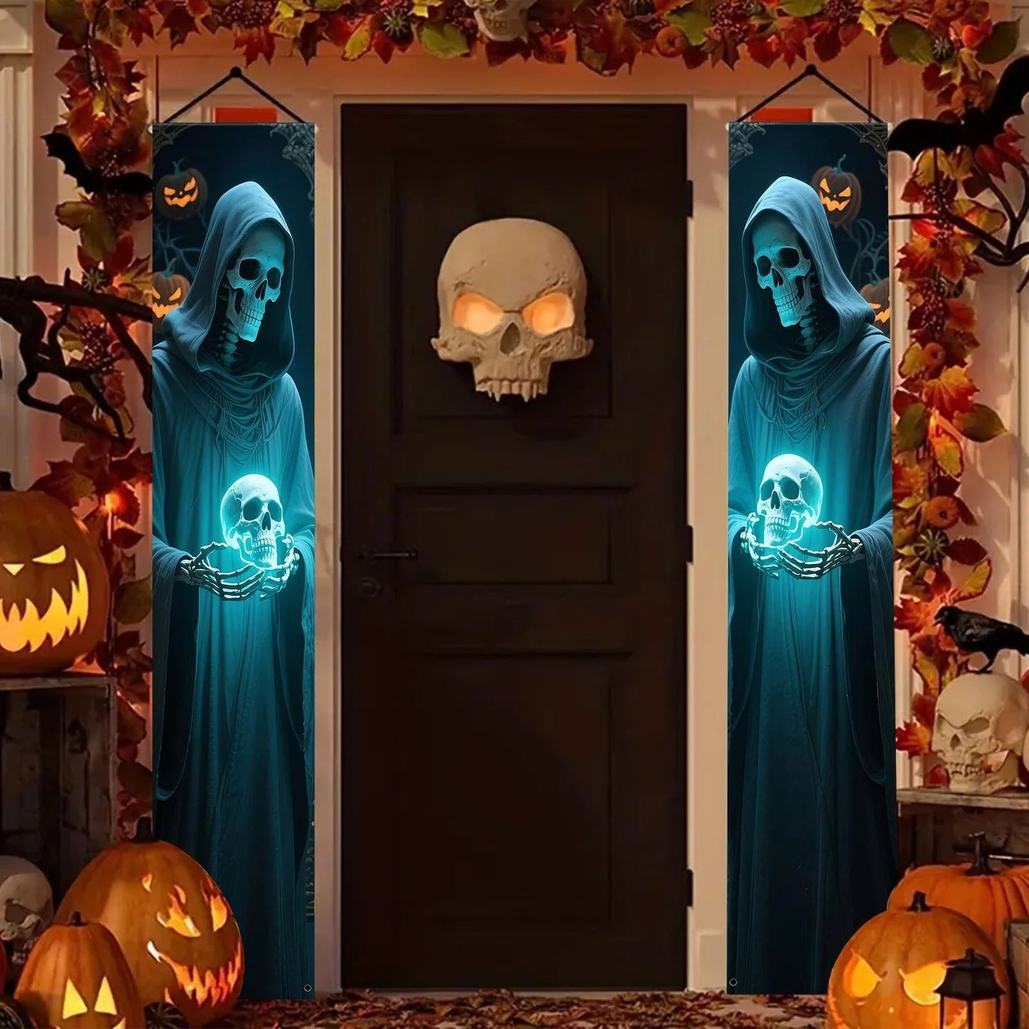 Party Banner,, Halloween Party Decorative Couplets, 2D Hanging Banners with Skeleton Design in Black Robes and Hooded Figures