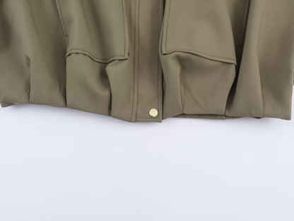 HH Woman Autumn Pleat Hem Pilot Jacket Solid Turn-Down Collar Zipper Single-Breasted Woman Fashion Long-Sleeved Pockets Coat