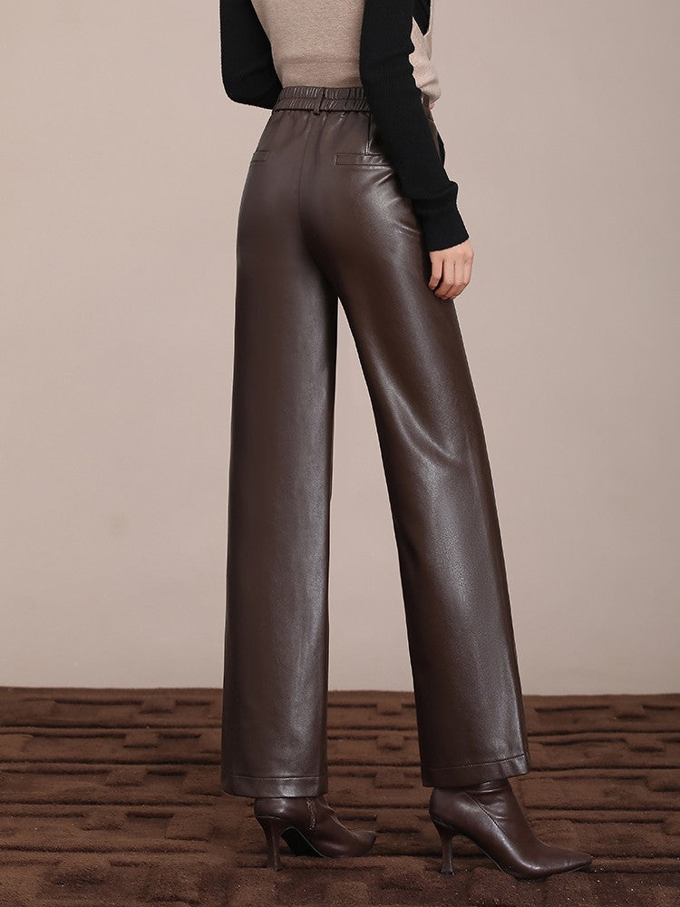 ZUZK Winter Pu Leather Pants New Elastic Waist Straight Pants PU Leather Trousers Large Size Fashion Warm Long Pants
