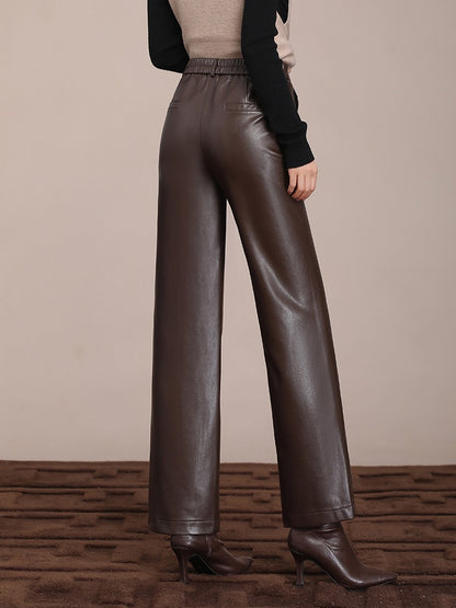 ZUZK Winter Pu Leather Pants New Elastic Waist Straight Pants PU Leather Trousers Large Size Fashion Warm Long Pants