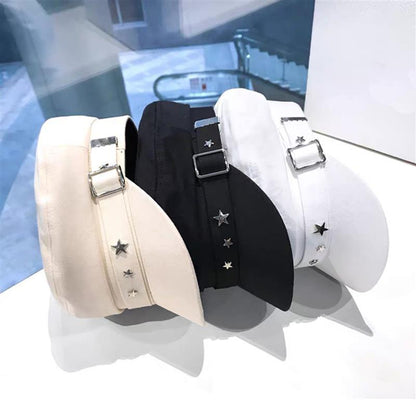 Chapéu Feminino Fashion com Fivela de Metal, Boné Octogonal de Algodão, Boina de Estrela Elegante para Inverno, Boina Estilo Cinto, Chapéu Plano Streetwear