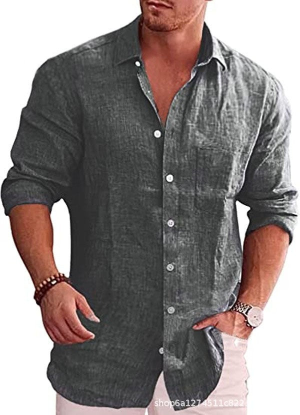 Men's Loose Large Size Solid Color Shirt Linen Collar Long Sleeve Casual Shirt
