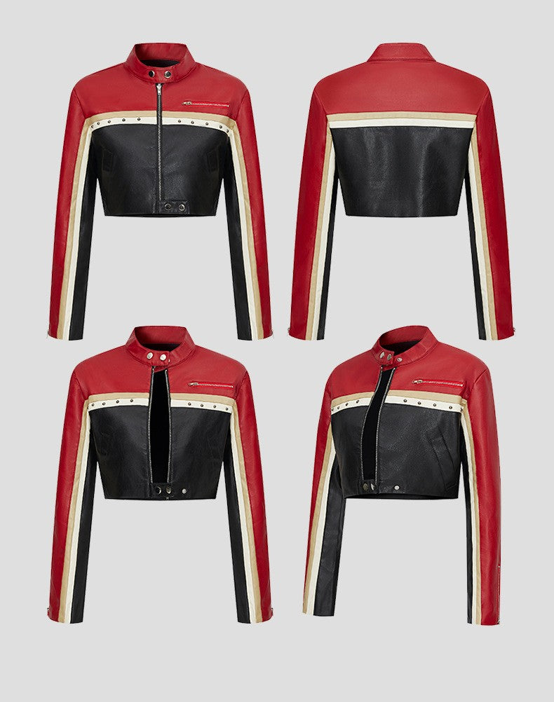 New Fall Women's Red Long-Sleeve Faux Leather Jacket, Short-Length Fashionable Biker PU Coat.
