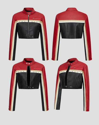 New Fall Women's Red Long-Sleeve Faux Leather Jacket, Short-Length Fashionable Biker PU Coat.
