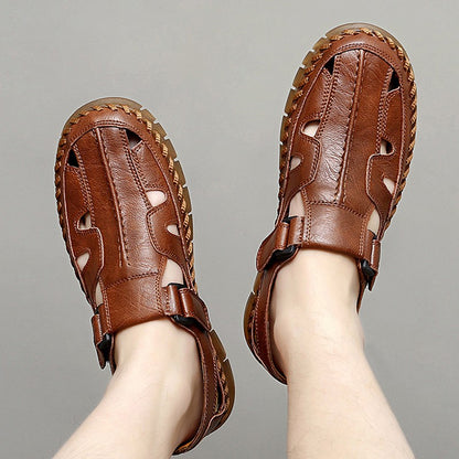 Mens Handmade Casual Leather Sandals Classic Men Beach Shoes Summer Outdoor Walking Male Sneaker Breathable Man Hollow Out Flats