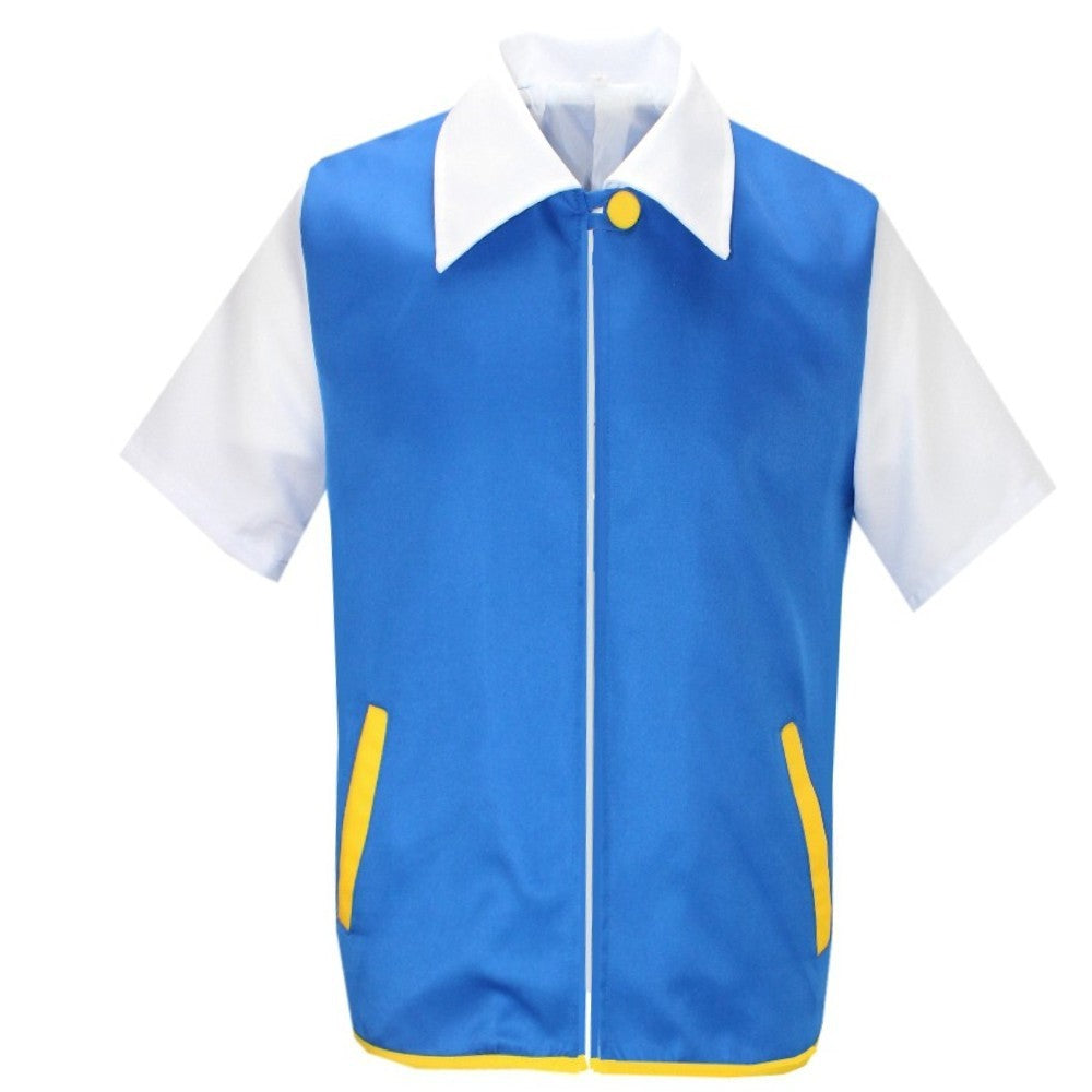 Anime Blue JacketP-PokemonING Go Men Cosplay Costume Boys Ash Ketchum For Halloween Party Trainer Gloves Cap Set Christmas Gift