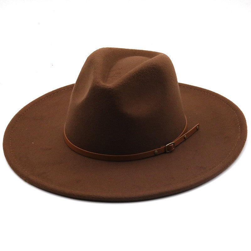 9.5cm Wide Brim Fedora Hats with Brown Belt Autumn Winter Women Party Top Hat Men Jazz Retro Cowboy Felt Cap Panama Sun Hat