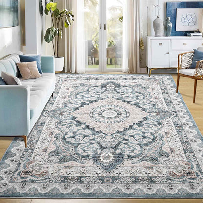 Area Rugs for Living Room, Machine Washable Vintage Rug, Non-Slip Low Pile Throw Rugs with Rubber Backing Washable Carpet