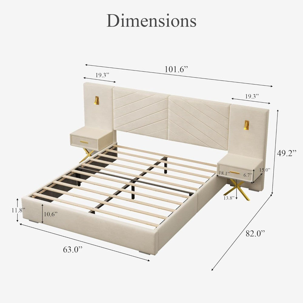 Cama Queen Luxo DEINPPA com Luzes LED Douradas Integradas e Criados-Mudos, Cama Plataforma Queen com Estofamento Grande
