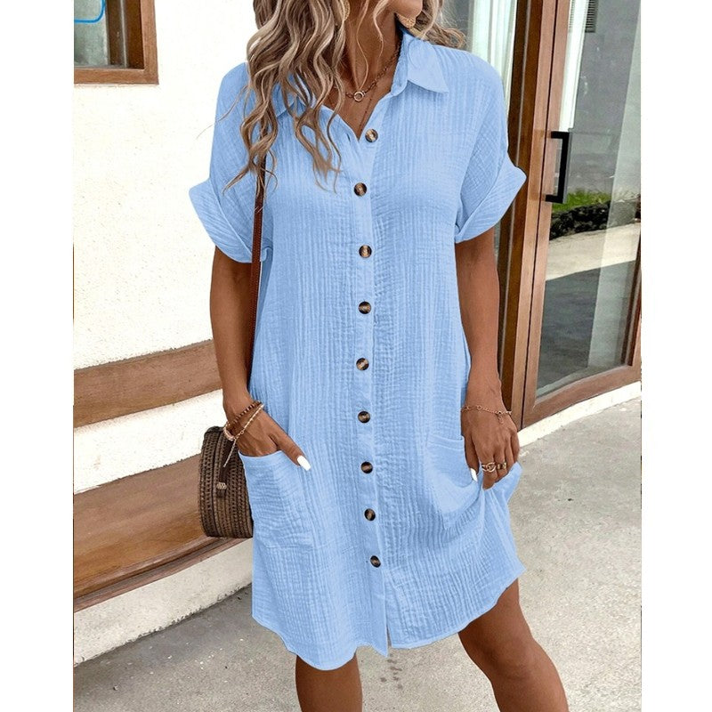 Fashion Women Summer Short Sleeve Shirt Dress Elegant Loose Simple Pockets Offic