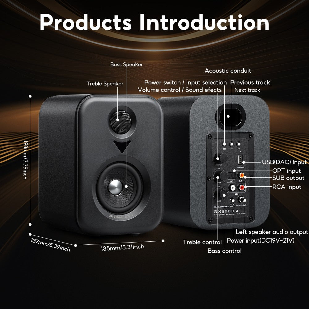 AIYIMA  Upgrade S400 Audio Bookshelf Active Speakers Studio Monitor 3 Inch Bluetooth USB DAC HiFi Home Subwoofer System TV PC