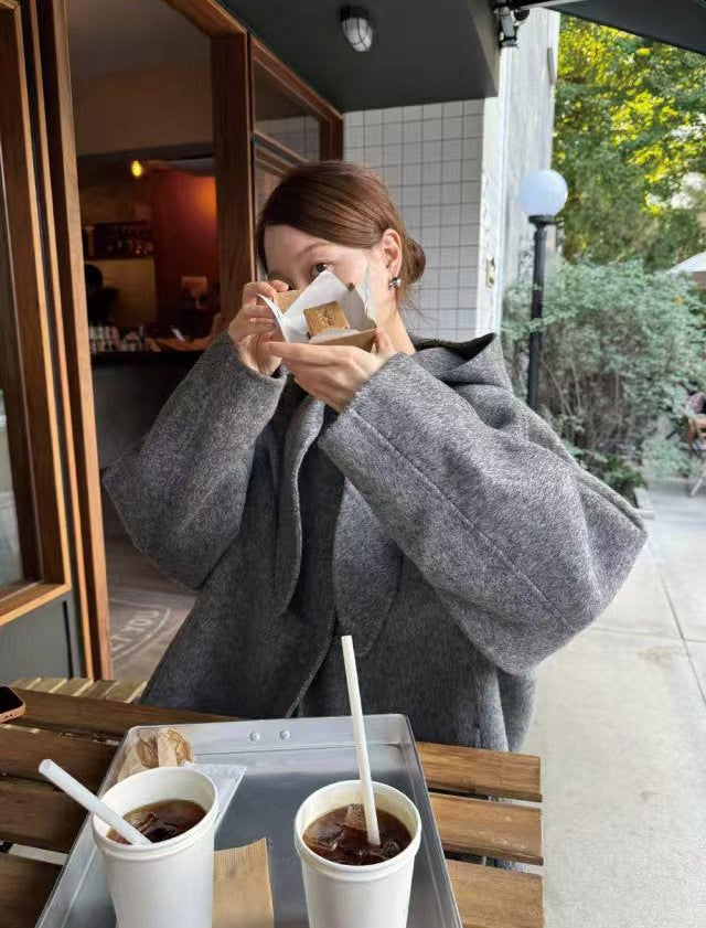 Korean Sle Woolen Coat Women's Chic Temperament Sweet Bow Tie Collar Hooded Warm Woolen Coat Long Sve Mid-Length