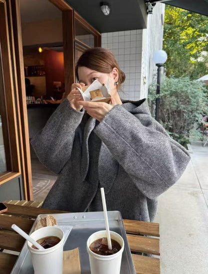 Korean Sle Woolen Coat Women's Chic Temperament Sweet Bow Tie Collar Hooded Warm Woolen Coat Long Sve Mid-Length