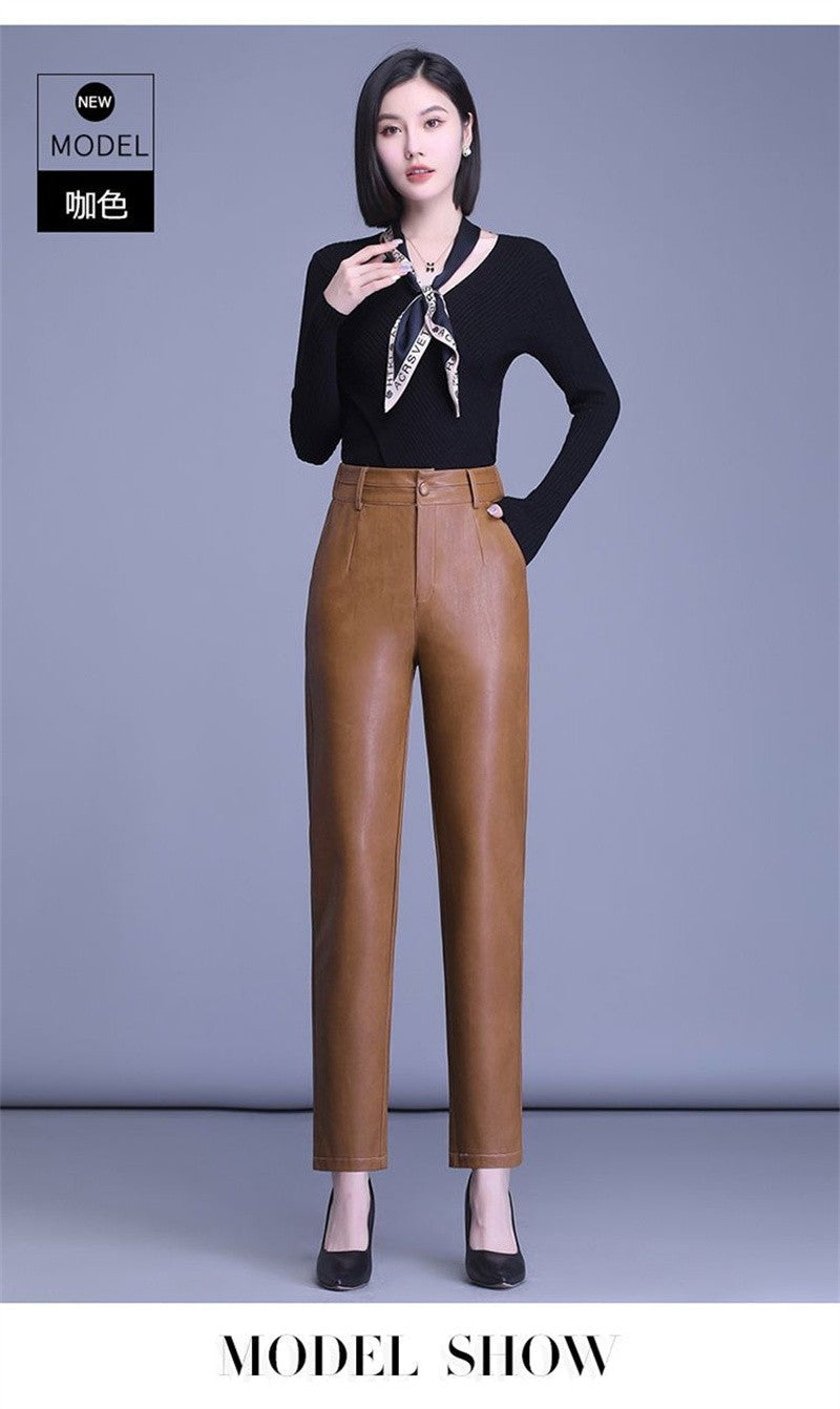 2023 Spring Autumn Sheepskin Pants Women High-waist Straight Pants Slim Lady Genuine Leather Casual Trousers Ankle-Length Pants