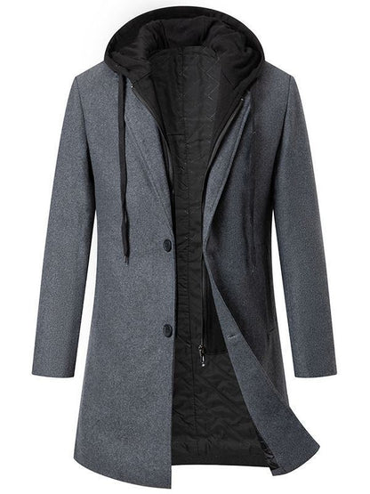 Men's Thickened Fake Two-Piece Wool Blend Overcoat, Hooded Long Coat Man, Autumn Winter Solid Color Slim Windbreaker Men