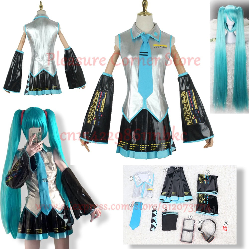 Miku Cosplay Costume Full Set Silver Leather Fabric Suit Miku Cosplay Headwear Costume Outfit JK Sailor Dress School Uniform