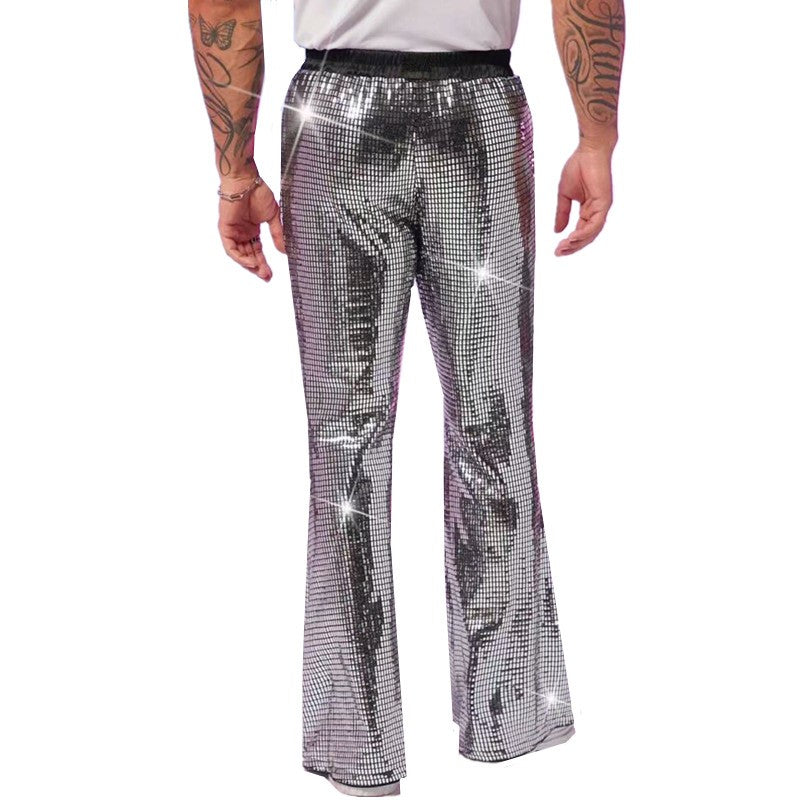2025 Verão Novas Calças Masculinas de Luxo Casuais Moda Cantor Bar KTV Performance de Palco Solta Respirável Calças Prateadas